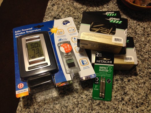Our first purchase: some screws and a weather sensor.