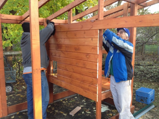 Matt and Eric install tongue-and-groove wood for the roosting box. See the little hole where the chickens will come out?