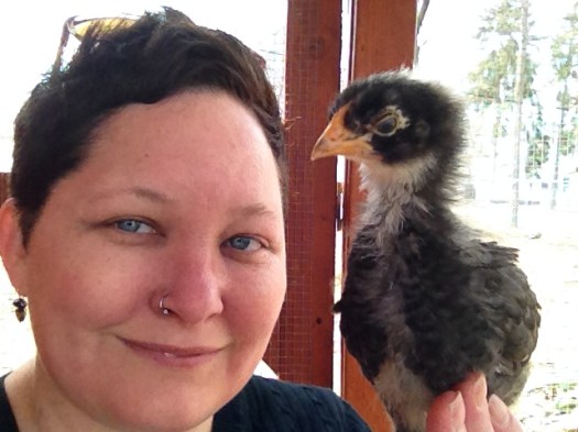 Jilli, with Baby Girl, on a visit to the chicken coop.